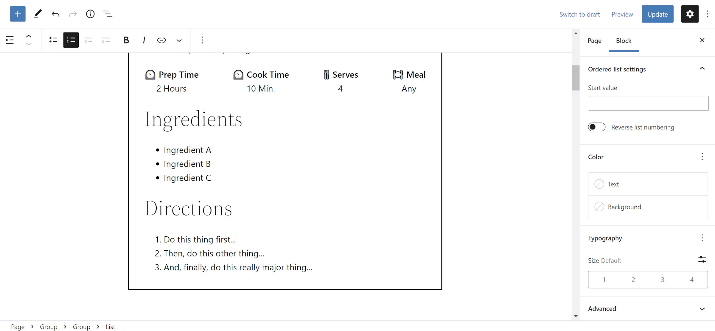 A recipe card in the WordPress editor.  Shown is the metadata, followed by ingredients and directions lists.