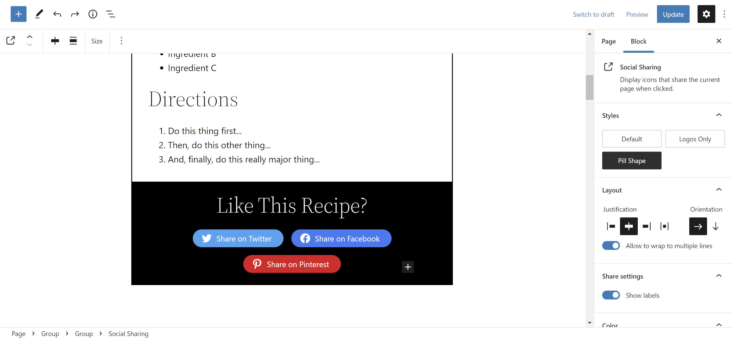 Recipe card in the WordPress editor.  Shown ins the directions list, followed by a social sharing section.