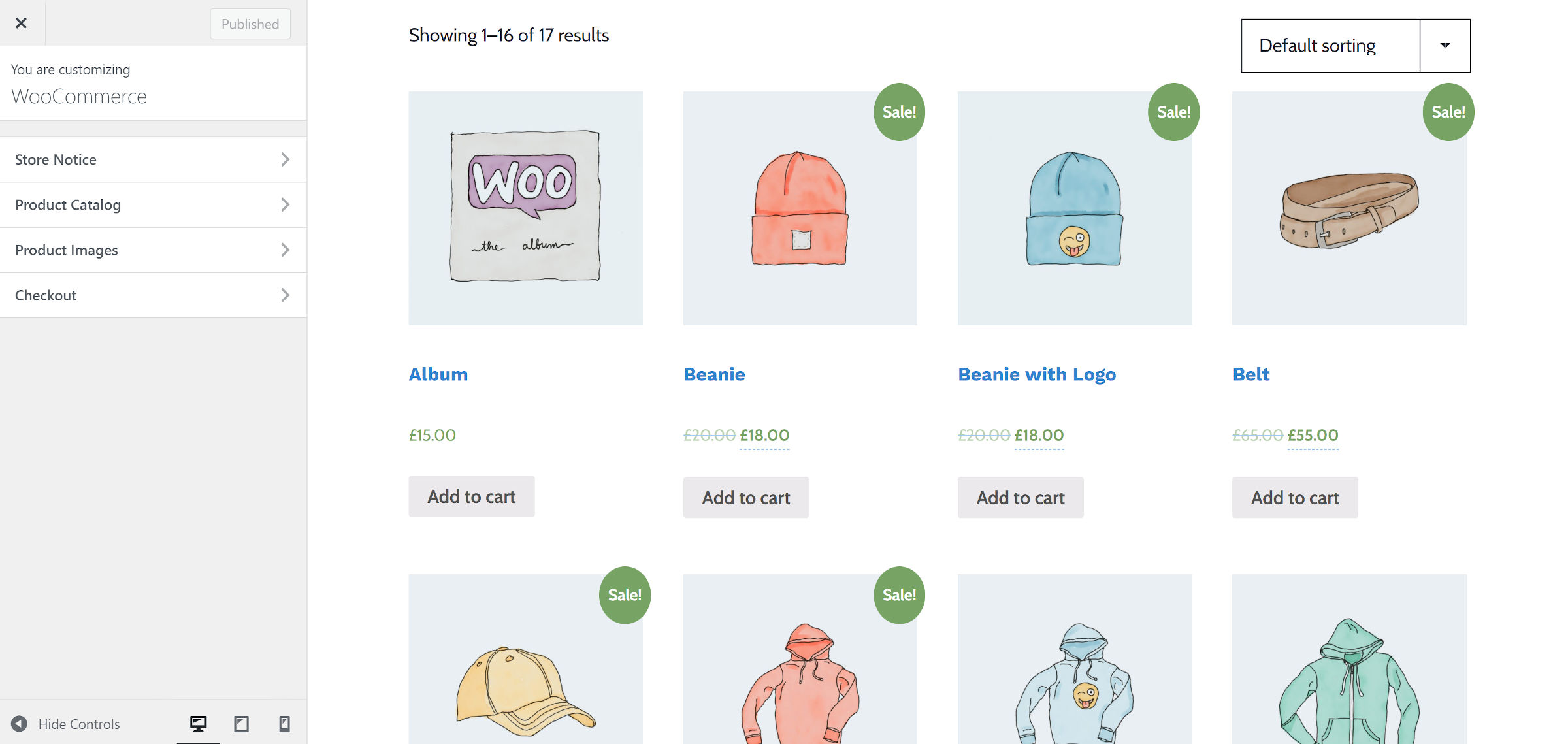 WordPress customizer screen focused on the WooCommerce plugin panel, showing the shop page.