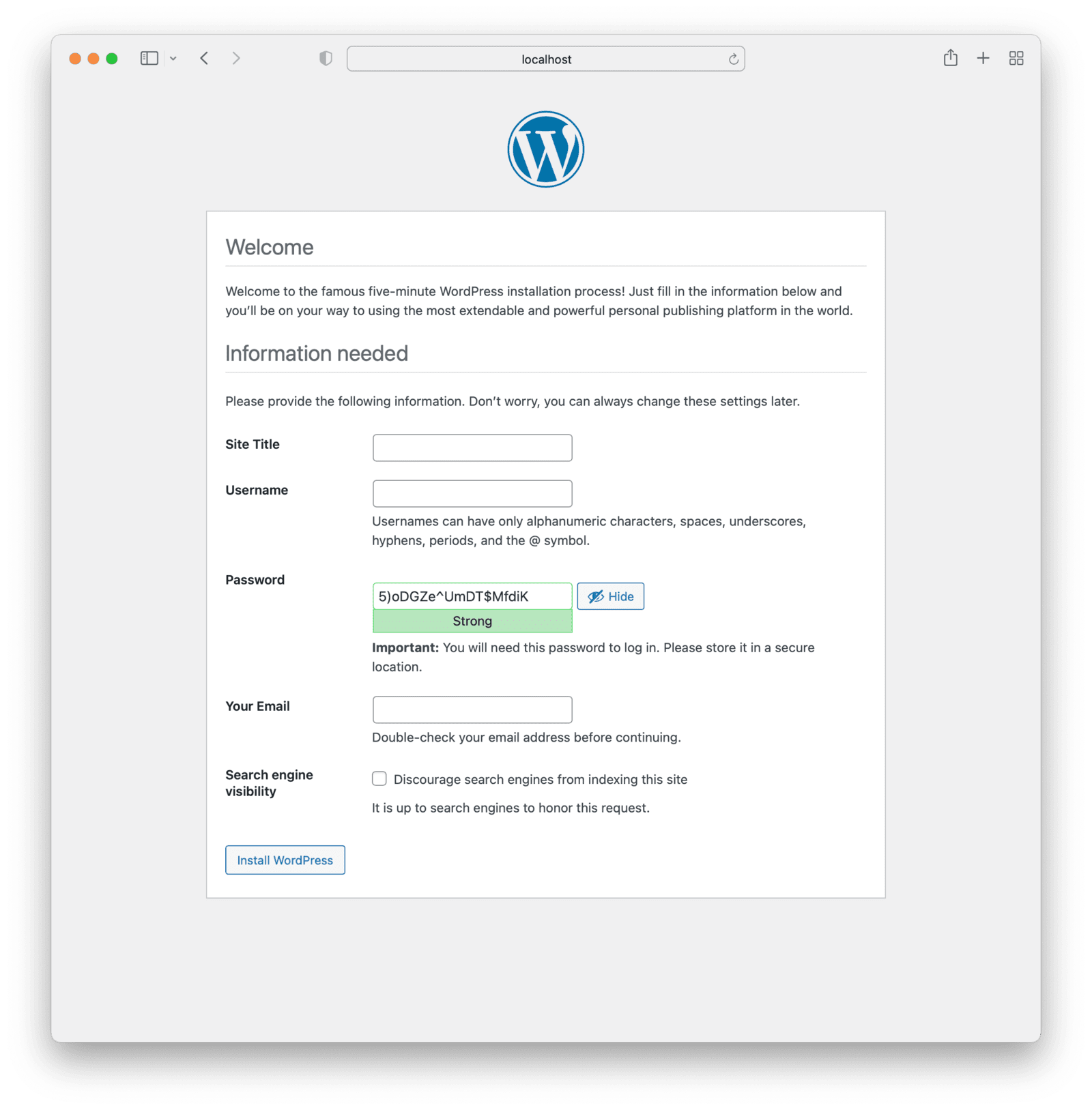 Creating a WordPress administration account.