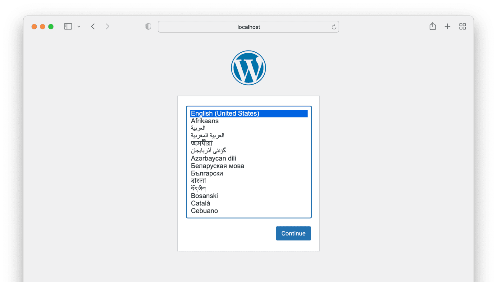 Choosing a language for WordPress installation.
