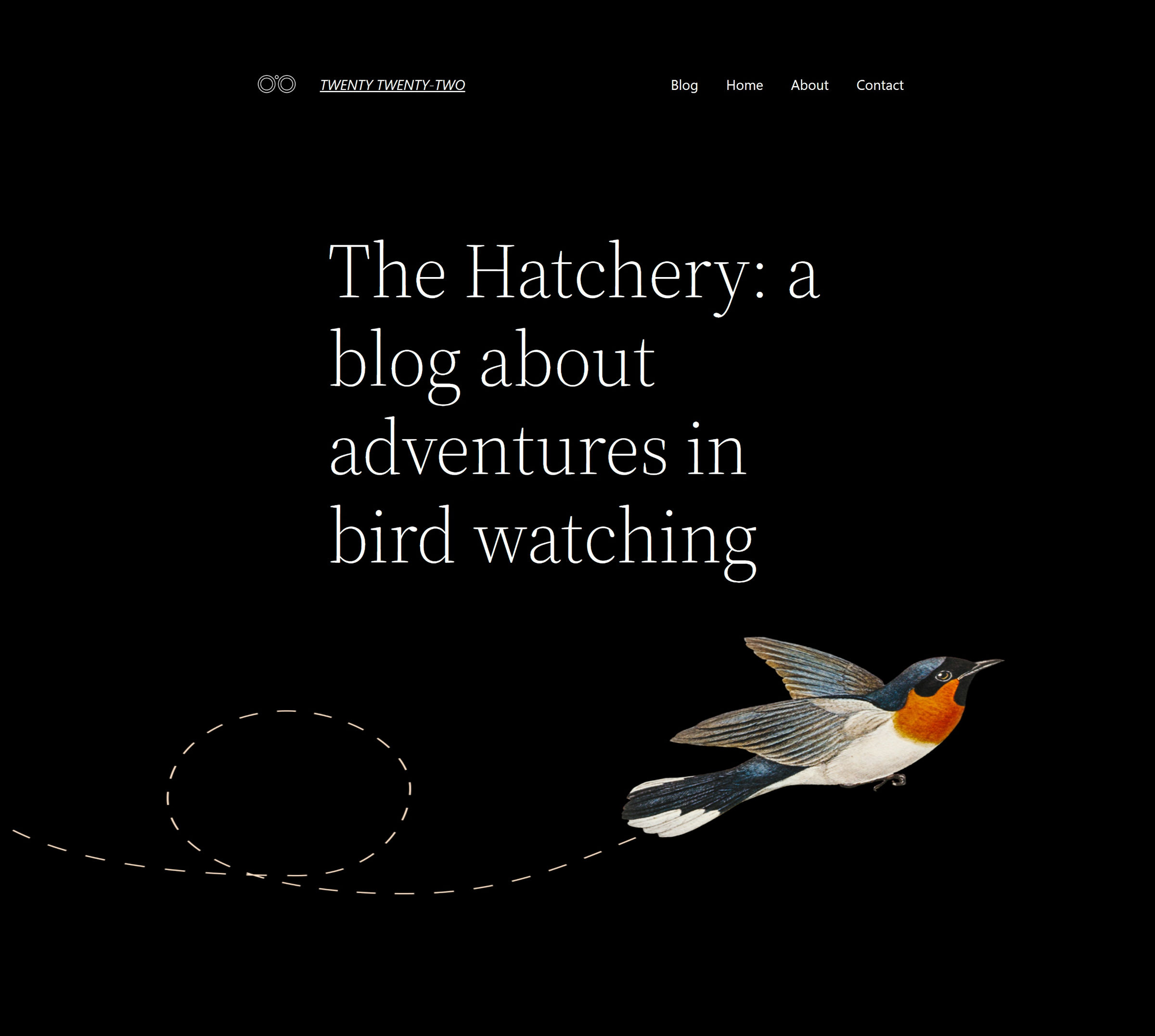 About page design with a logo, title, and menu at the top.  Following that is a large intro section and a picture of a bird.