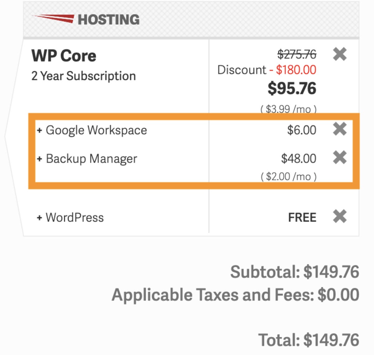 A receipt from InMotion Hosting showing the add-ons Backup Manager and Google Workspace